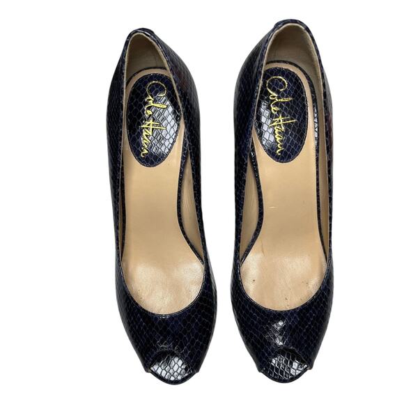 Cole Haan  Peep Toe Heels 7.5B Blue Snakeskin Embossed Leather Classic Preppy - Picture 2 of 12